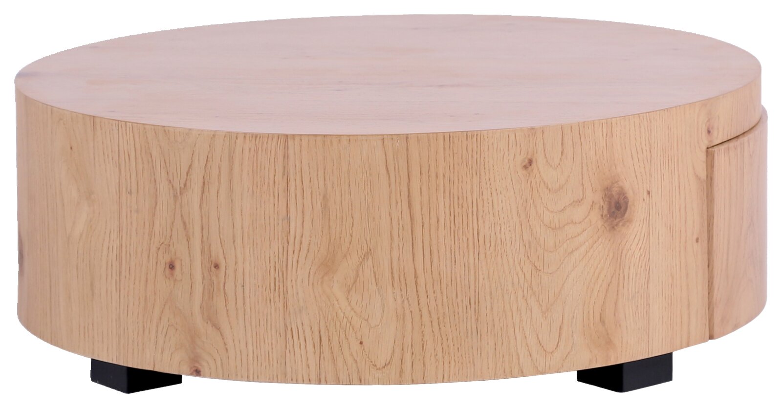 Runder Couchtisch aus hellem Holz mit natürlicher Maserung, seitliche Perspektive