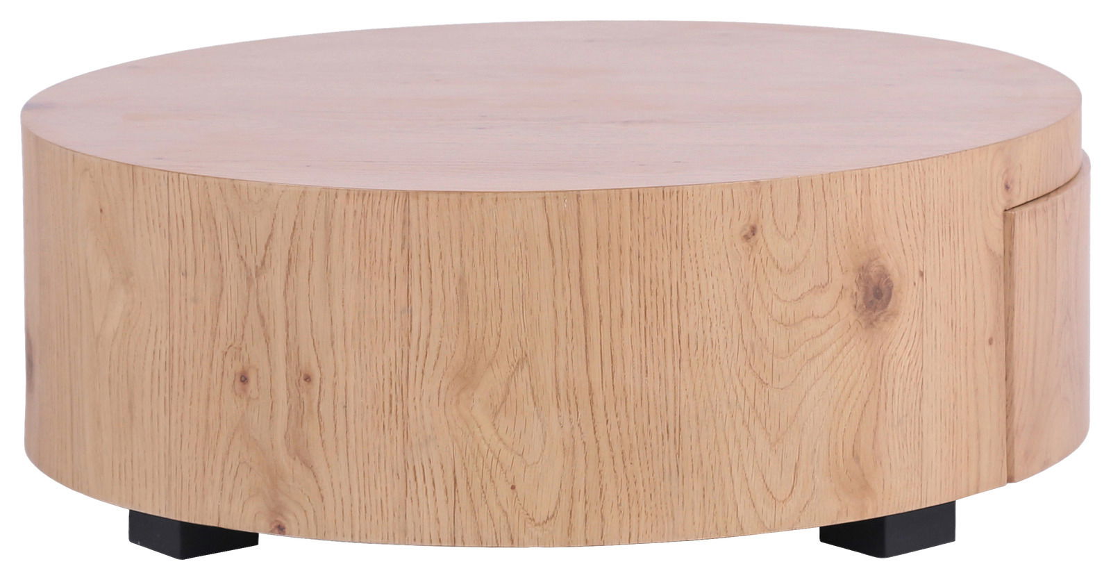 Runder Couchtisch aus hellem Holz mit natürlicher Maserung, seitliche Perspektive