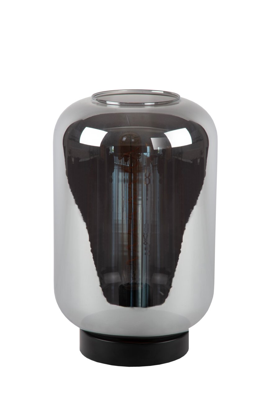 Moderne tafellamp met rookgrijs glas en een zwarte voet, gezien vanaf de voorkant.