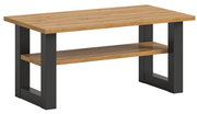 Moderner Couchtisch aus Holz mit schwarzem Metallgestell, seitliche Perspektive