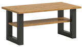 Moderner Couchtisch aus Holz mit schwarzem Metallgestell, seitliche Perspektive