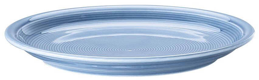 Blauer flacher Teller, 20 cm, mit kreisförmigem Muster, seitliche Perspektive