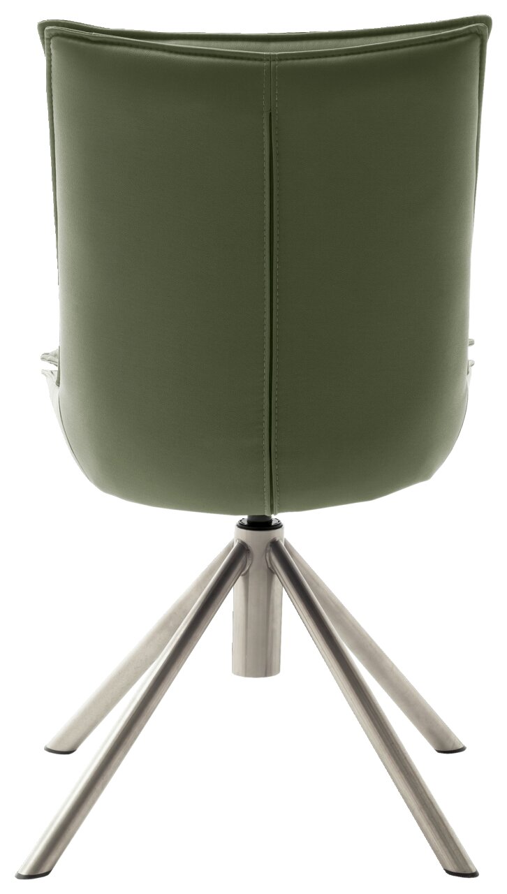 Rückansicht eines grünen Stuhls mit Metallbeinen