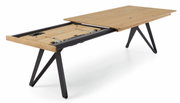 Moderner Esstisch aus Holz mit schwarzem Metallgestell, ausziehbar, seitliche Perspektive