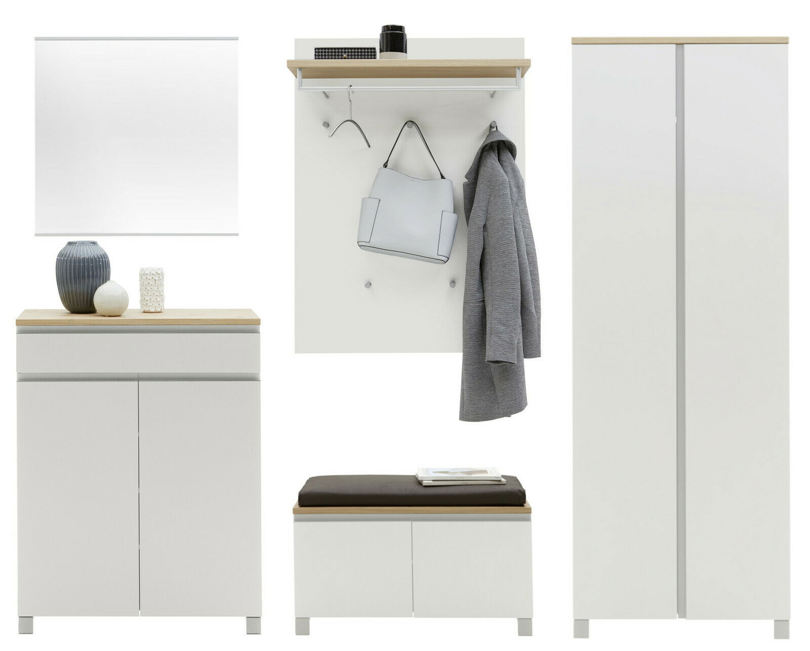 Garderoben-Set 6-tlg. in moderner, minimalistischer Optik mit weißem Finish und Holzakzenten, bestehend aus einem Spiegel, einem Schrank, einer Sitzbank mit Stauraum, und einer Wandgarderobe mit Haken und Ablage. Frontalansicht.