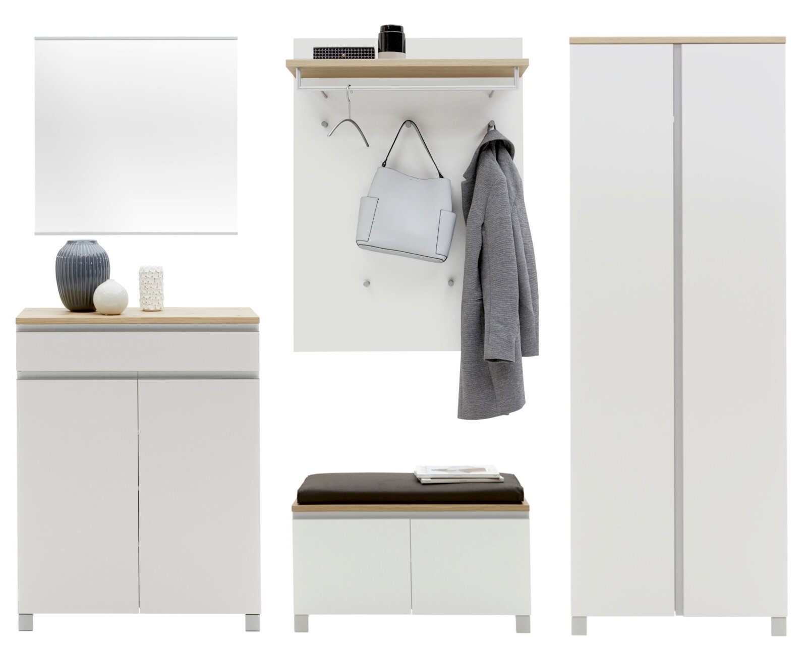 Dieter Knoll Garderoben-Set 6-tlg. SORRENT Garderoben-Set 6-tlg. in moderner, minimalistischer Optik mit weißem Finish und Holzakzenten, bestehend aus einem Spiegel, einem Schrank, einer Sitzbank mit Stauraum, und einer Wandgarderobe mit Haken und Ablage. Frontalansicht.