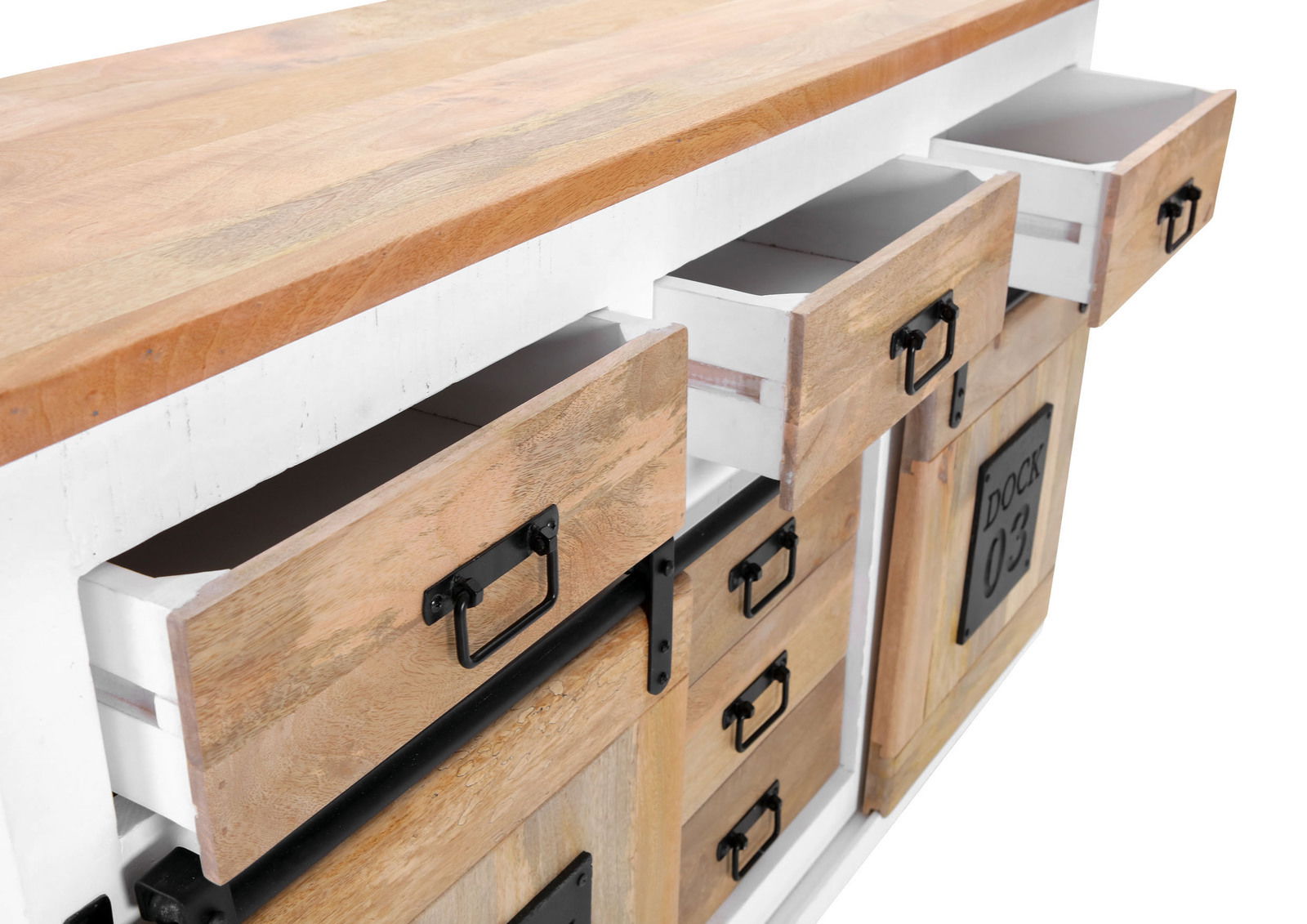 Holz-Sideboard mit offenen Schubladen und Türen, seitliche Perspektive