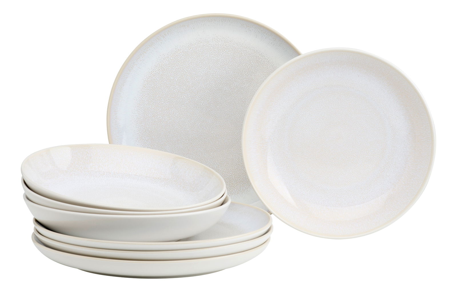 Perspektive von vorne auf ein 8-teiliges Speiseset mit eleganten, weißen Tellern.