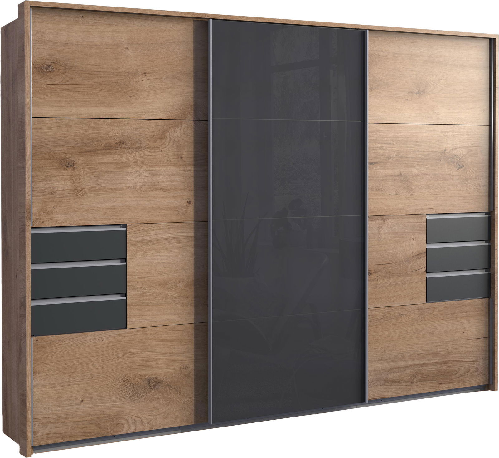 Moderner Schwebetürenschrank mit drei Türen in Holzoptik und dunklen Glaselementen, seitliche Perspektive.