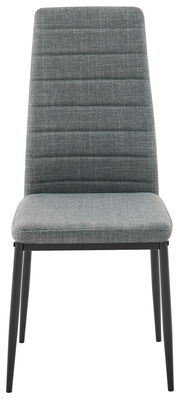 Grauer, gepolsterter Stuhl mit schwarzem Metallgestell, Vorderansicht