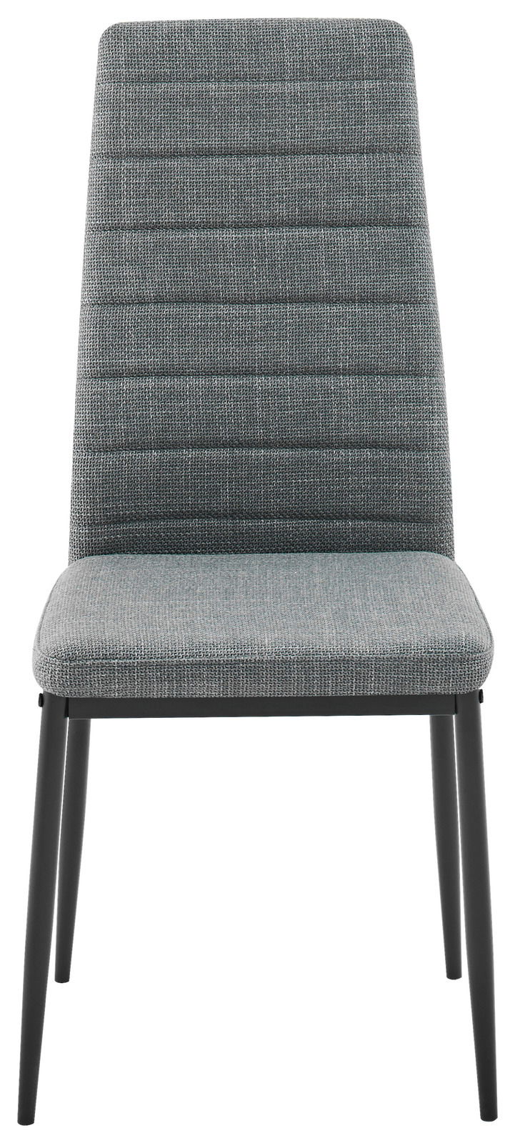 Grauer, gepolsterter Stuhl mit schwarzem Metallgestell, Vorderansicht