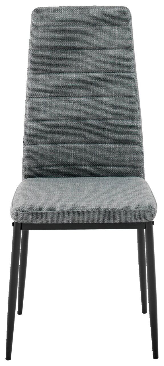 Grauer, gepolsterter Stuhl mit schwarzem Metallgestell, Vorderansicht