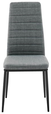 Grauer, gepolsterter Stuhl mit schwarzem Metallgestell, Vorderansicht