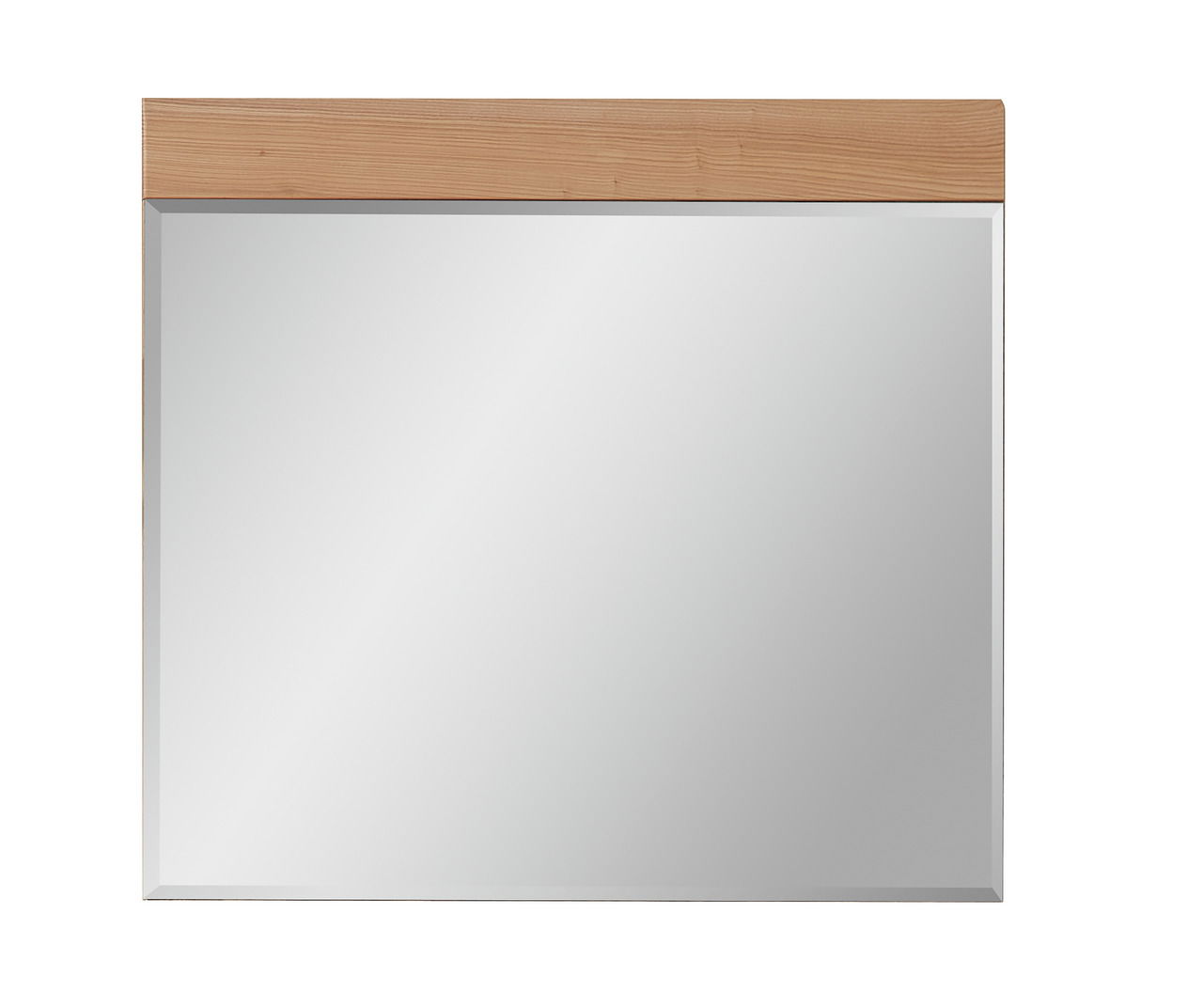 Rechteckiger Spiegel mit Holzrahmen an der Oberseite, Frontalansicht