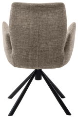 Rückansicht eines grauen Sessels mit schwarzem Metallgestell und vier Beinen.