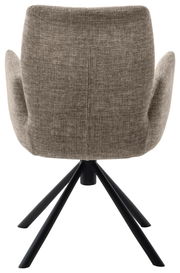 Rückansicht eines grauen Sessels mit schwarzem Metallgestell und vier Beinen.