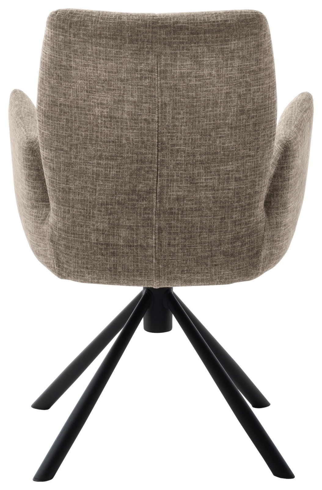 Rückansicht eines grauen Sessels mit schwarzem Metallgestell und vier Beinen.