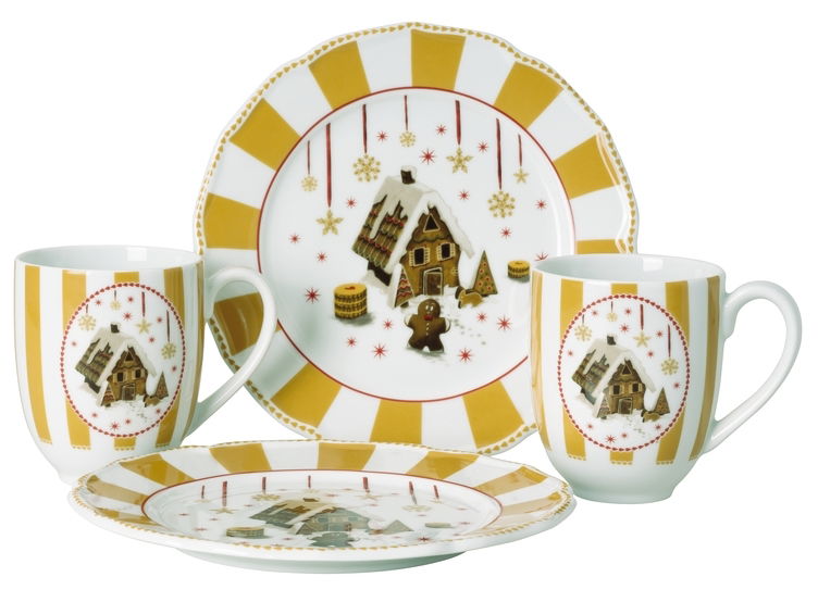 Kaffeeset Christmas Love 4-tlg mit weihnachtlichem Lebkuchenhaus-Motiv, bestehend aus zwei Tassen und zwei Tellern, in Frontalansicht.