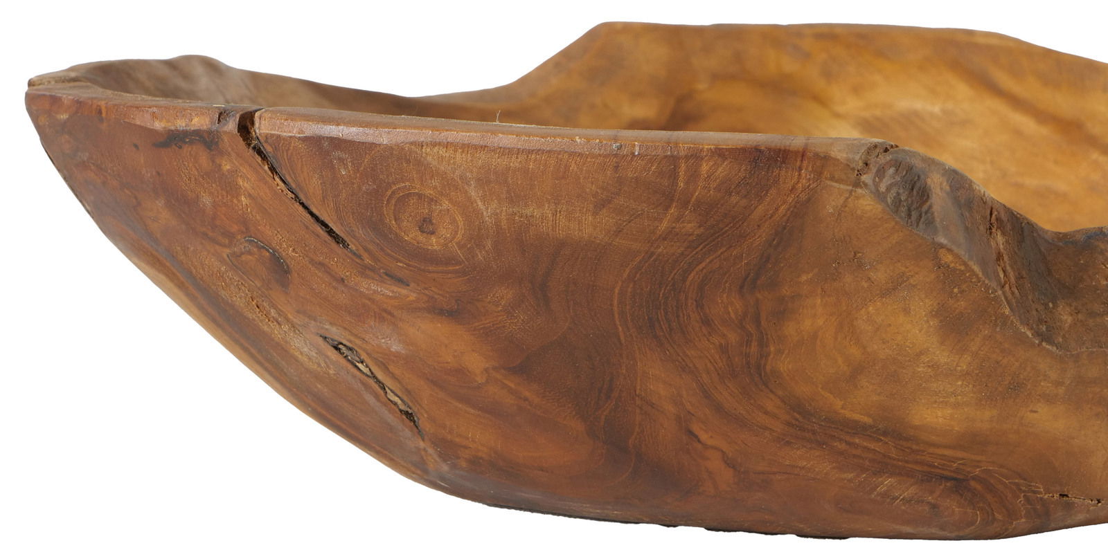 Nahaufnahme einer dekorativen Holzschale mit natürlicher Maserung und unregelmäßiger Form, seitliche Perspektive.