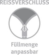 Symbol eines Reißverschlusses mit der Aufschrift 'Füllmenge anpassbar', frontal betrachtet.