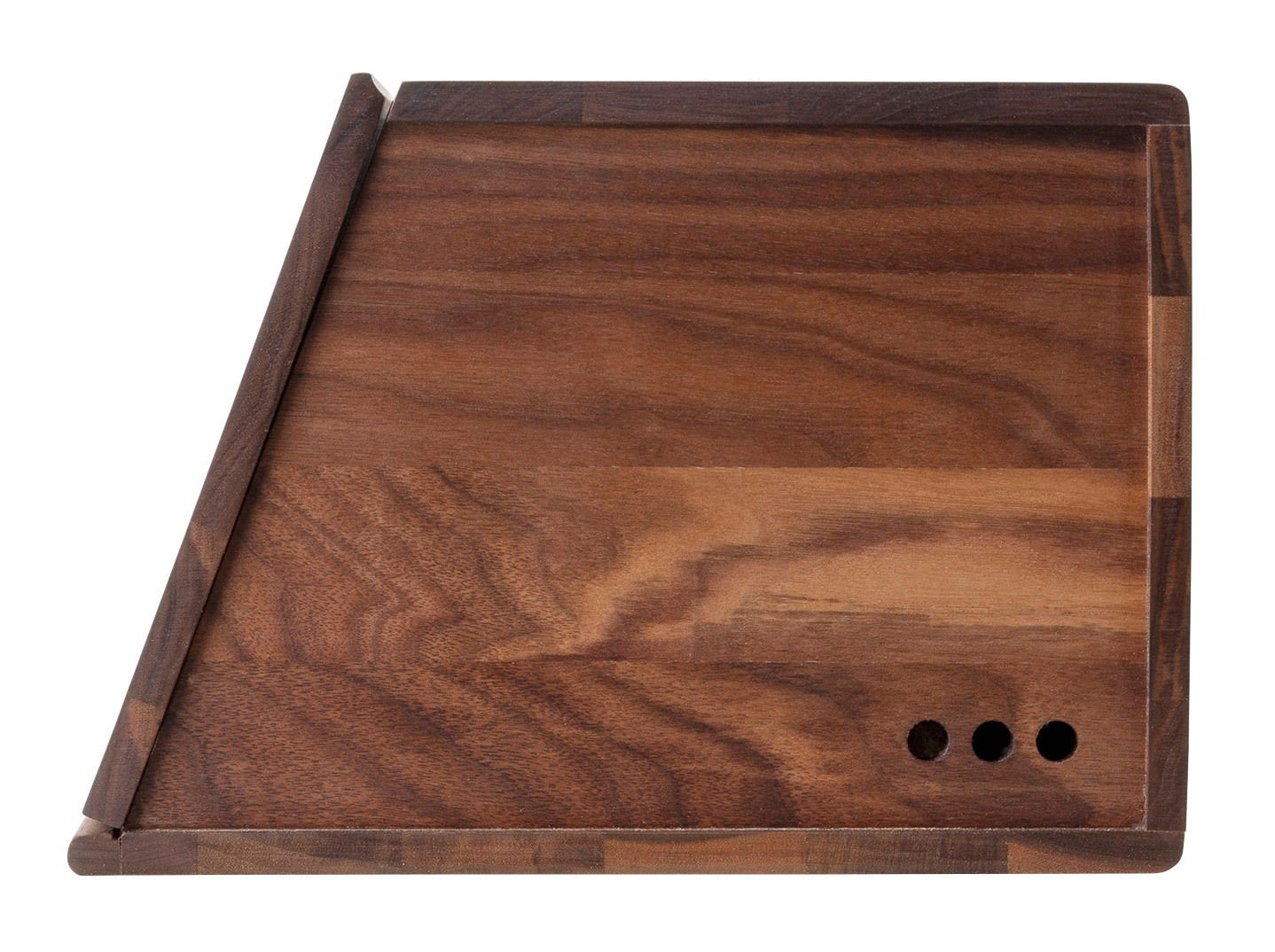 Brotkasten aus Walnussholz in rechteckiger Form, seitliche Perspektive, mit drei Lüftungslöchern.