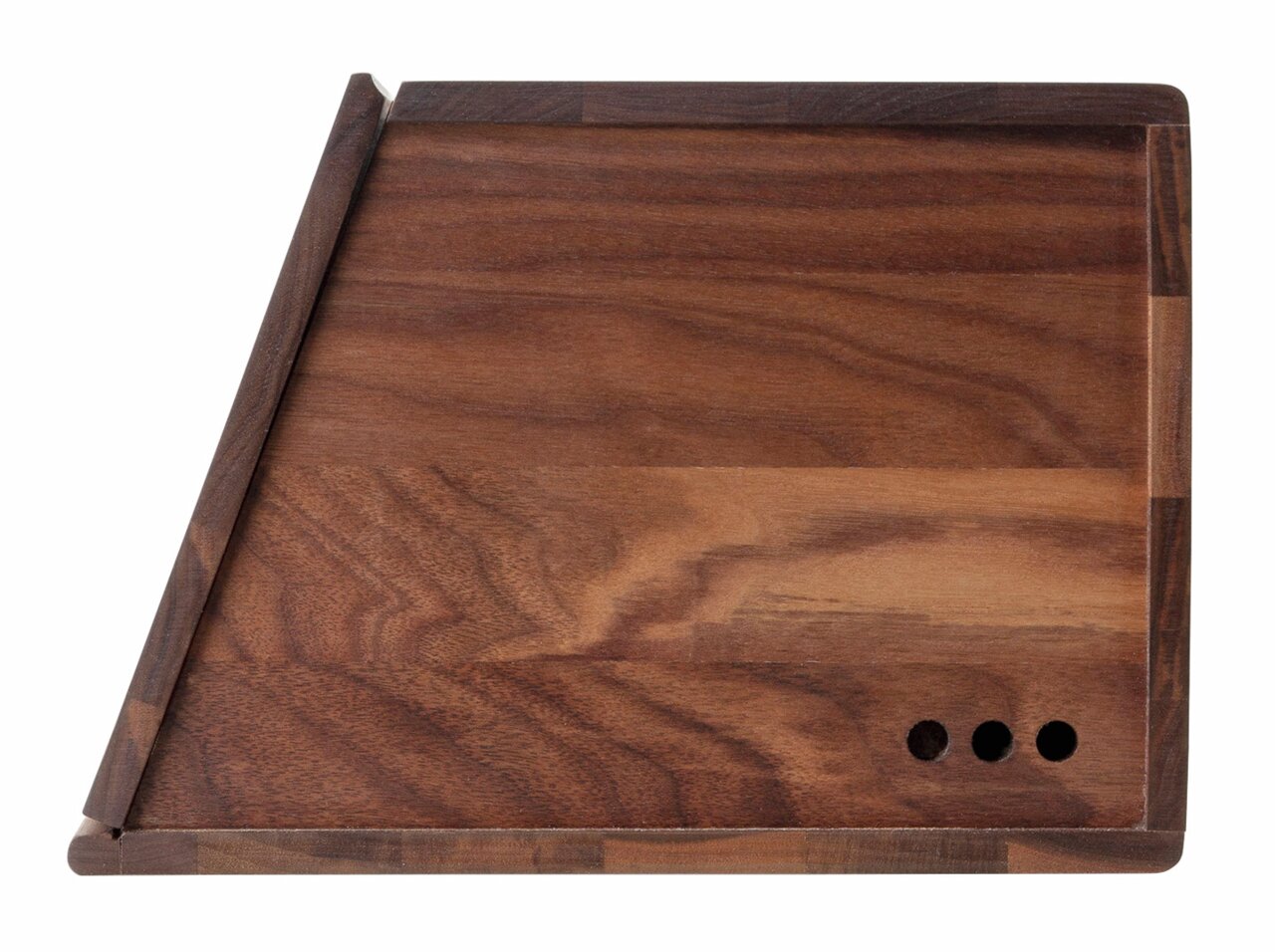 Brotkasten aus Walnussholz in rechteckiger Form, seitliche Perspektive, mit drei Lüftungslöchern.