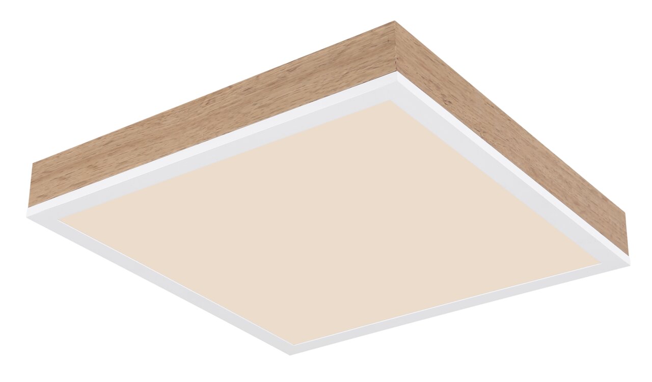 Quadratische Deckenleuchte mit Holzrahmen und weißer Lichtfläche, seitliche Perspektive