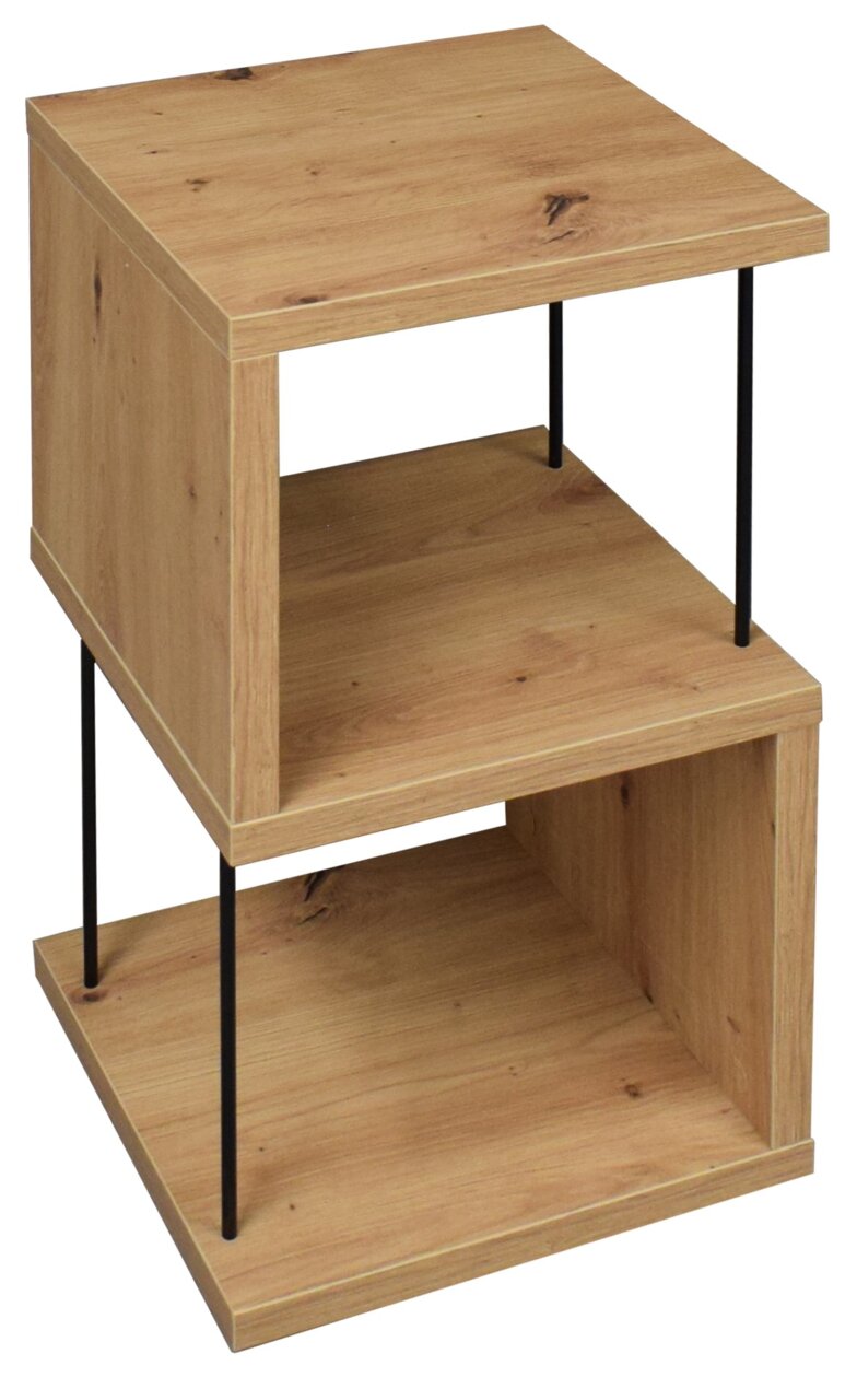 Modernes Standregal aus Holz mit zwei Ebenen und schwarzen Metallstreben, seitliche Perspektive