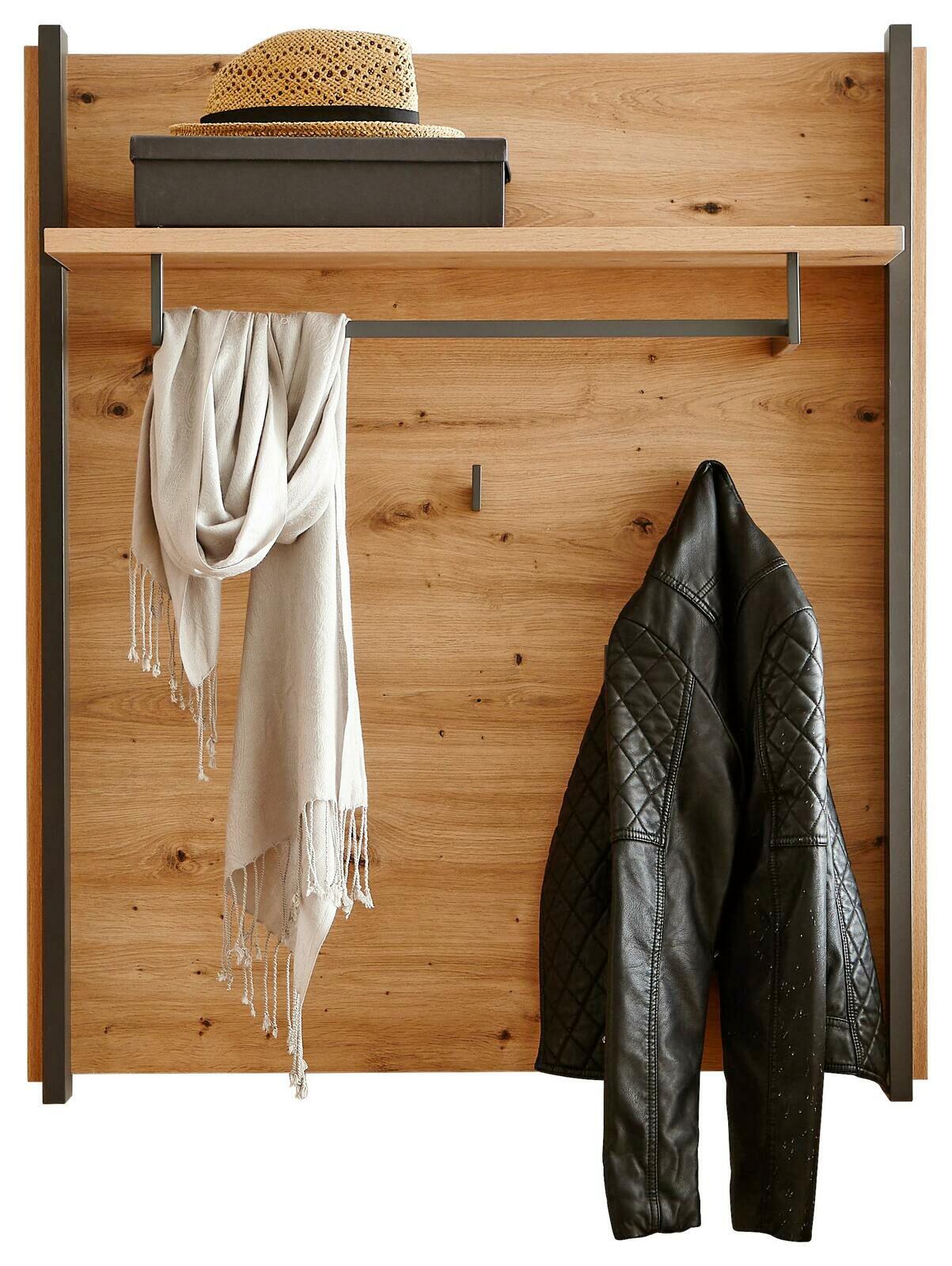 Holzpaneel mit Hutablage, Kleiderhaken und Ablagefläche, frontal betrachtet