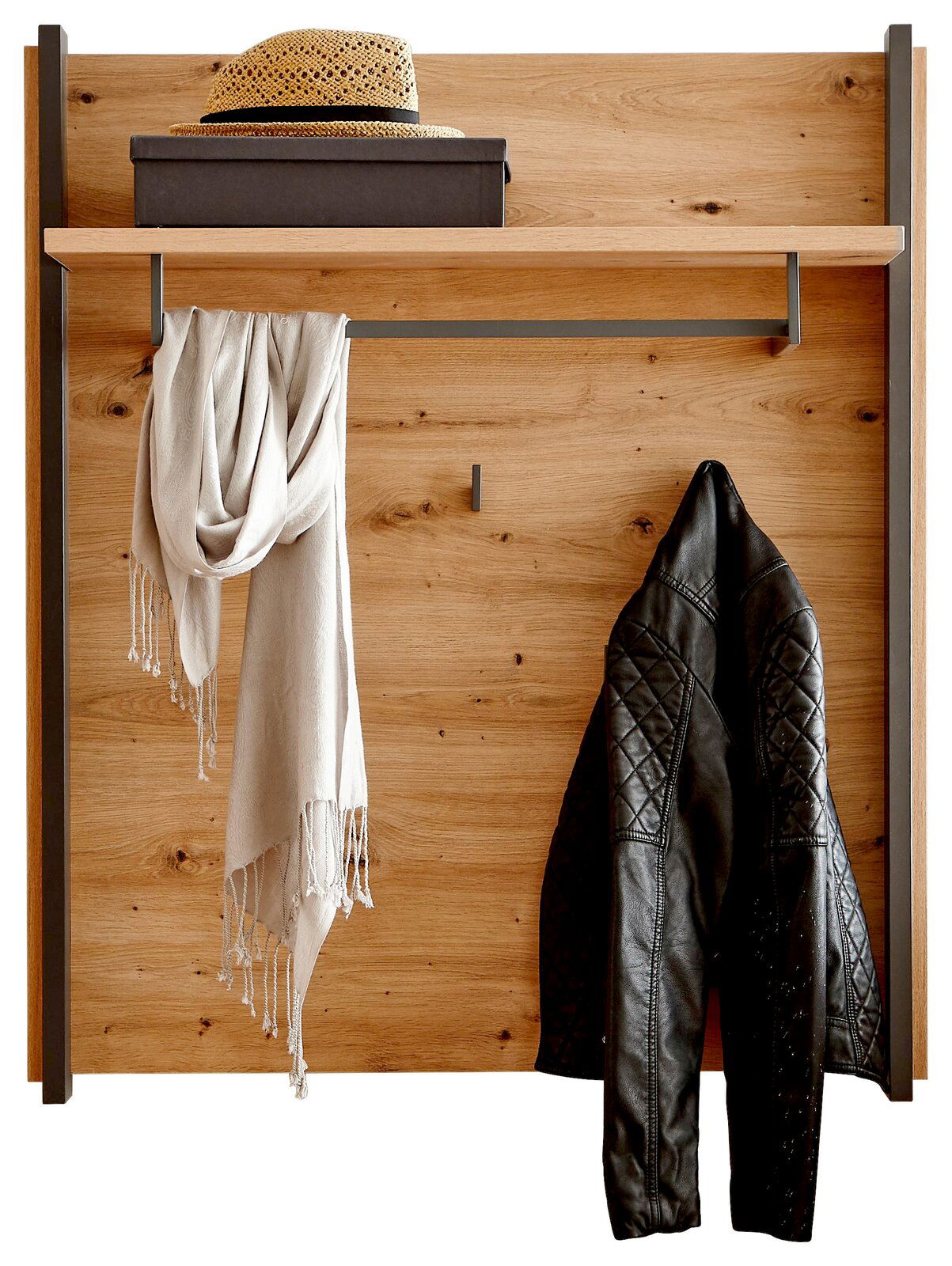 Holzpaneel mit Hutablage, Kleiderhaken und Ablagefläche, frontal betrachtet