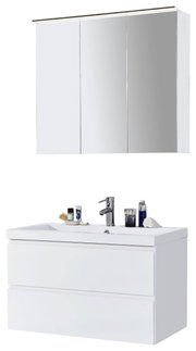 Moderne Badkombination mit Spiegelschrank und Waschbeckenunterschrank, Frontalansicht