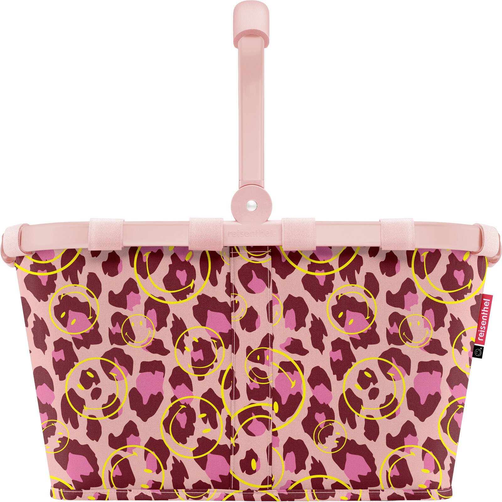 Vorderansicht einer rosa Einkaufstasche mit Leopardenmuster und gelben Smiley-Kreisen, mit klappbarem rosa Griff und Klettschlaufen am oberen Rand