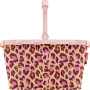 Vorderansicht einer rosa Einkaufstasche mit Leopardenmuster und gelben Smiley-Kreisen, mit klappbarem rosa Griff und Klettschlaufen am oberen Rand