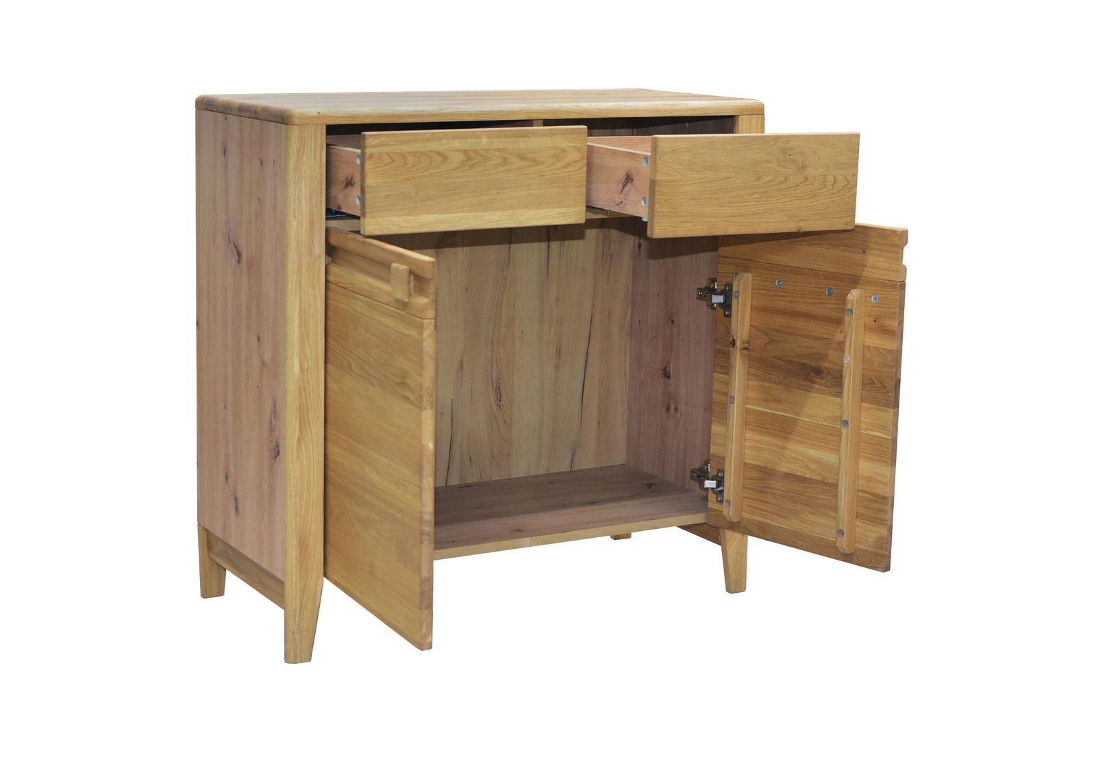 Holzkommode mit zwei offenen Schubladen und einer geöffneten Tür, seitliche Perspektive