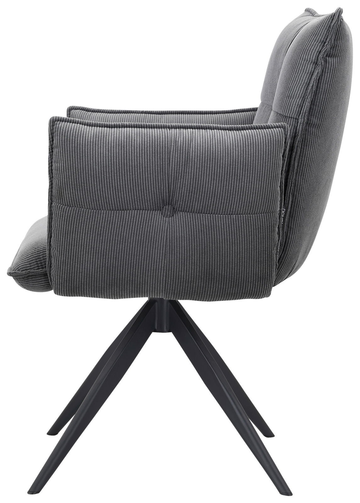 Seitenansicht eines grauen Armlehnstuhls mit gestepptem Stoffbezug und schwarzem Metallgestell.