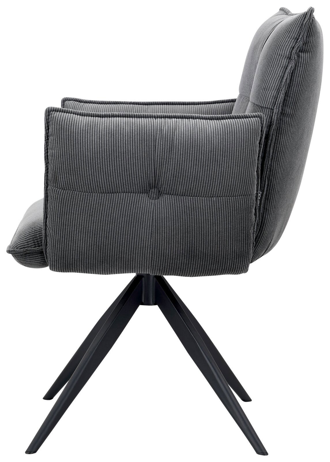 Seitenansicht eines grauen Armlehnstuhls mit gestepptem Stoffbezug und schwarzem Metallgestell.