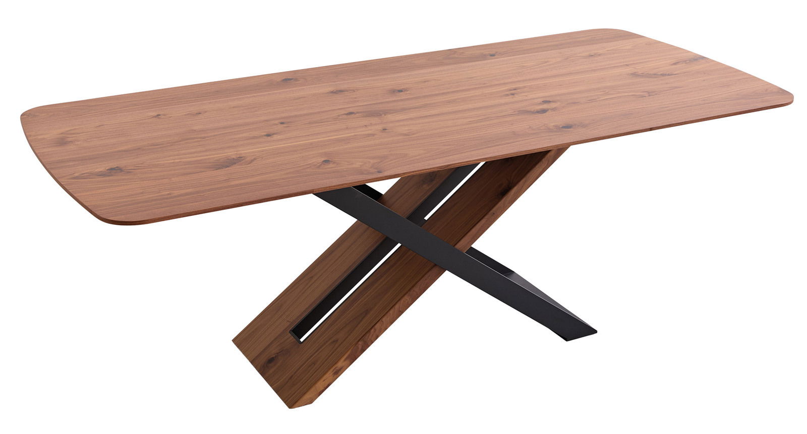 Moderner Esstisch aus Holz mit einzigartigem X-förmigem Gestell, seitliche Perspektive