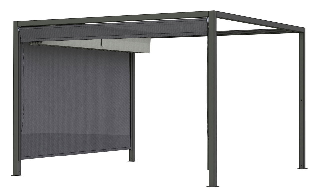 Freistehendes Rollo in einem Metallrahmen, seitliche Perspektive