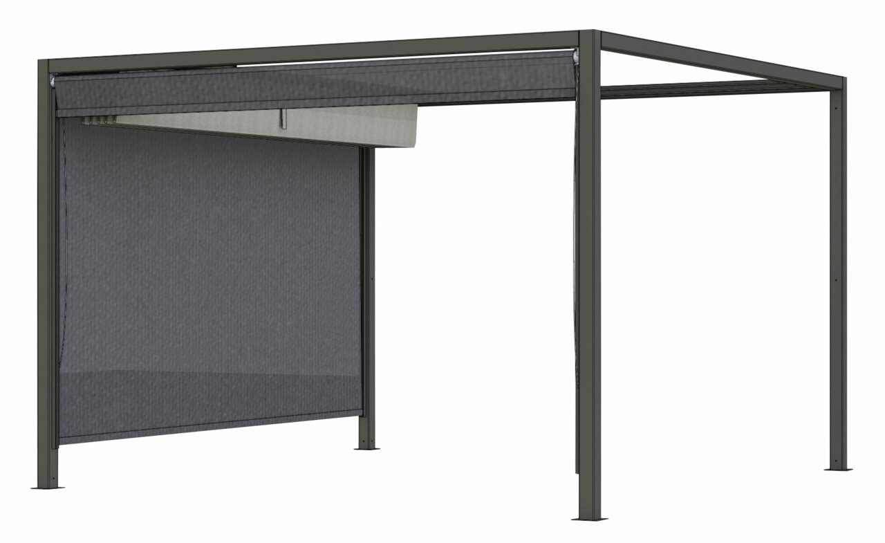 Freistehendes Rollo in einem Metallrahmen, seitliche Perspektive