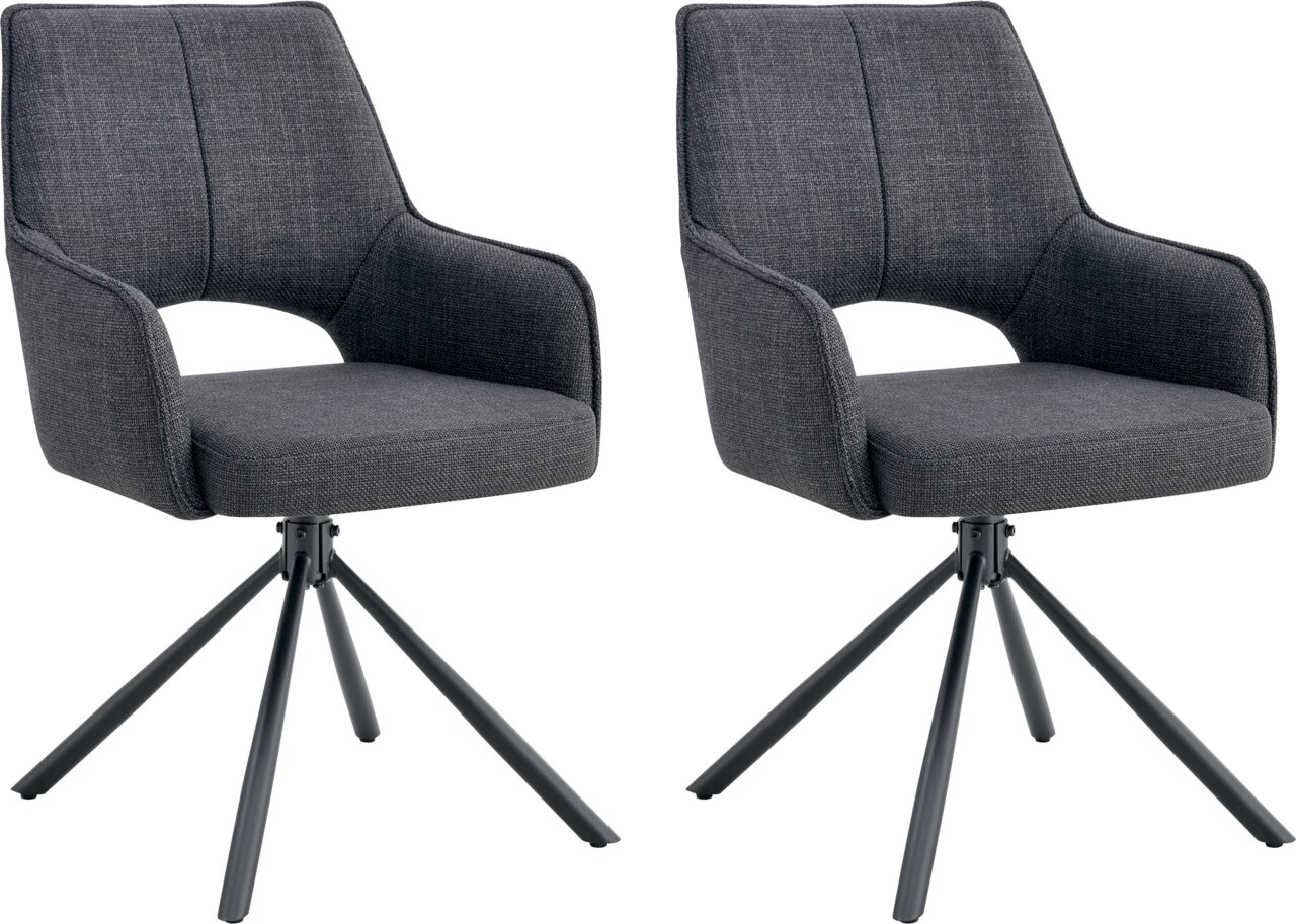 Zwei moderne Polsterstühle in Dunkelgrau mit Armlehnen und schwarzem Metall-Drehkreuzgestell, Ansicht schräg von vorne vor weißem Hintergrund