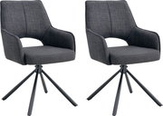 Zwei moderne Polsterstühle in Dunkelgrau mit Armlehnen und schwarzem Metall-Drehkreuzgestell, Ansicht schräg von vorne vor weißem Hintergrund