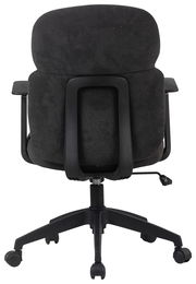 Rückansicht eines schwarzen Drehstuhls mit gepolsterter Rückenlehne und Armlehnen, auf einem fünfarmigen Rollfuß.