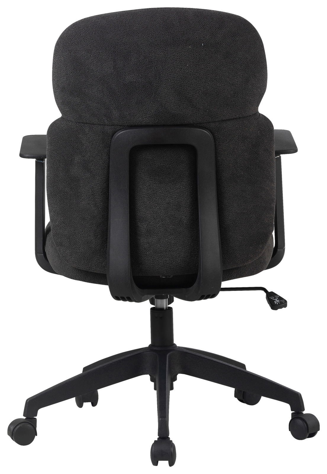 Rückansicht eines schwarzen Drehstuhls mit gepolsterter Rückenlehne und Armlehnen, auf einem fünfarmigen Rollfuß.