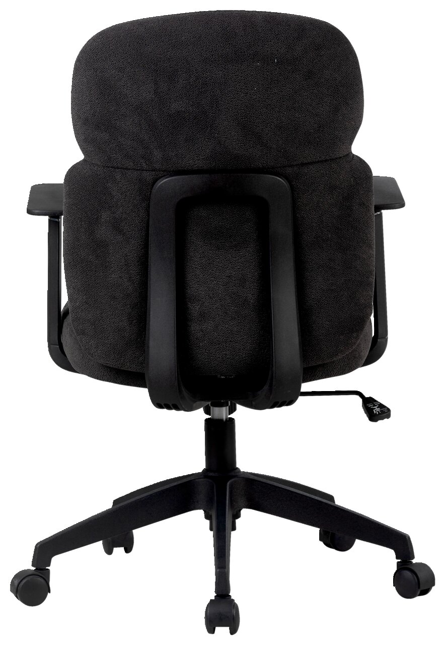 Rückansicht eines schwarzen Drehstuhls mit gepolsterter Rückenlehne und Armlehnen, auf einem fünfarmigen Rollfuß.