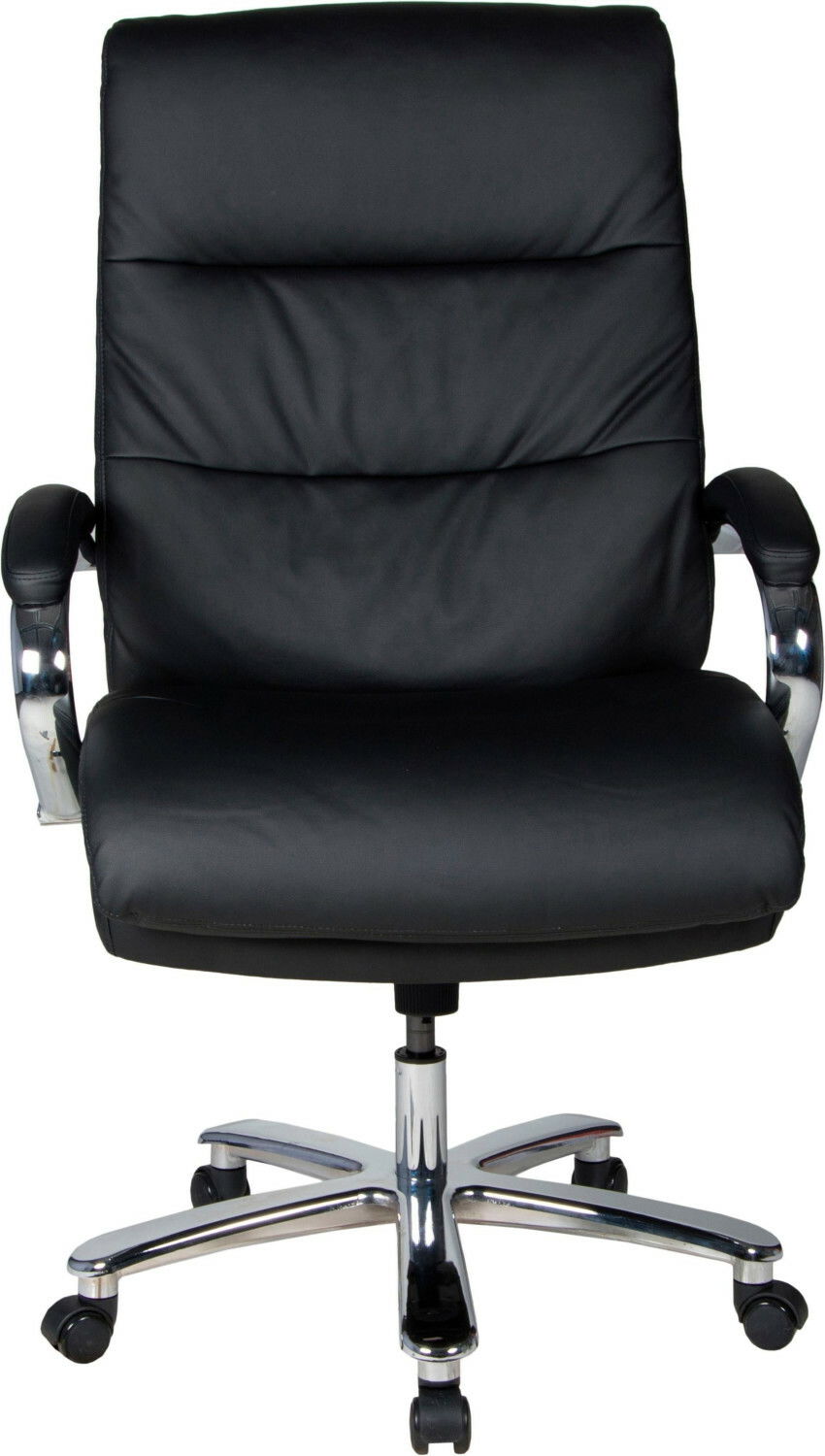 Schwarzer Chefsessel aus Leder mit verchromten Armlehnen und Rollen, Frontalansicht