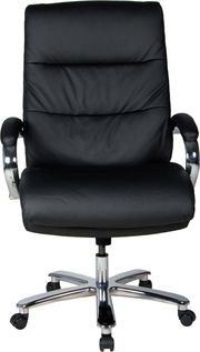 Schwarzer Chefsessel aus Leder mit verchromten Armlehnen und Rollen, Frontalansicht