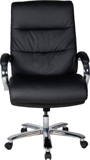 Schwarzer Chefsessel aus Leder mit verchromten Armlehnen und Rollen, Frontalansicht