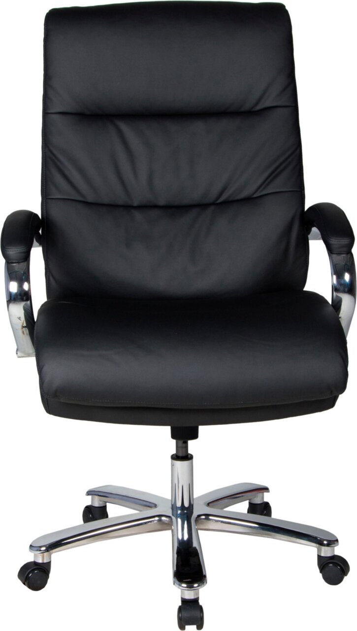 Schwarzer Chefsessel aus Leder mit verchromten Armlehnen und Rollen, Frontalansicht