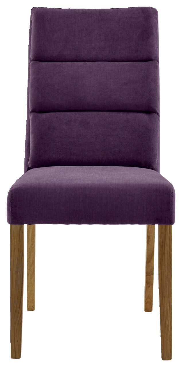 Violetter Stuhl mit gepolsterter Rückenlehne und Holzbeinen, Frontalansicht