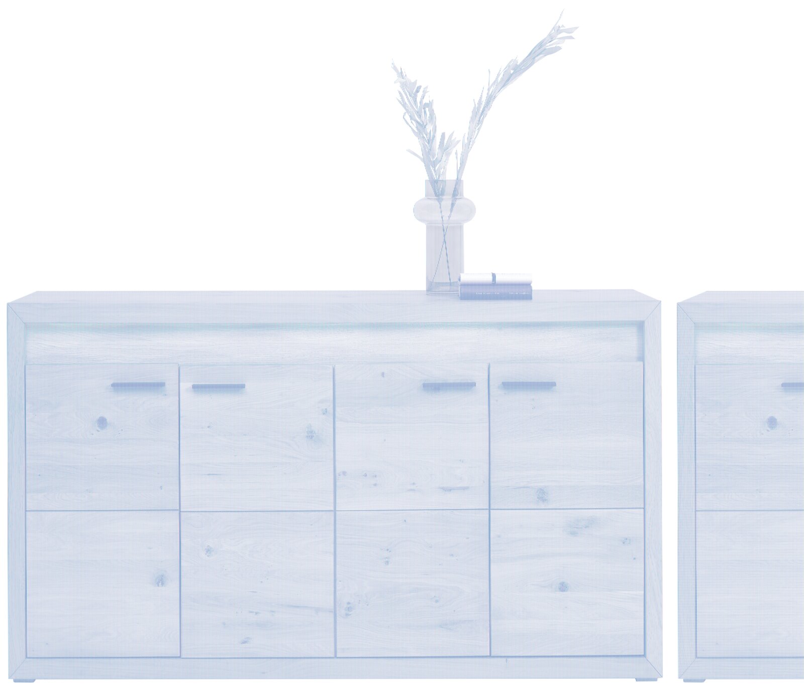 Holz-Sideboard mit drei Türen, dekoriert mit einer grünen Vase und einem Buch, Frontalansicht